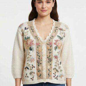 VINTAGE EAST WEST Cream Floral Knitted Cardigan